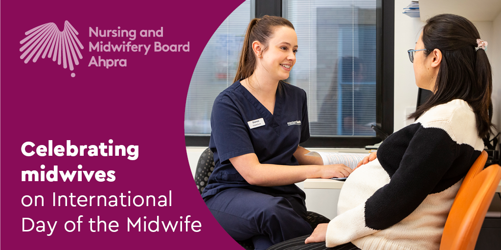 Image of a midwife and a pregnant woman talking at a desk. Text says celebrating midwives on International Day of the Midwife. 